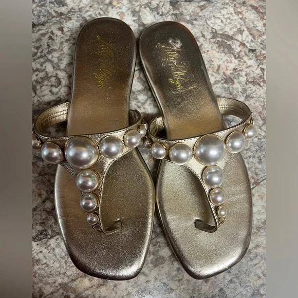 Lilly Pulitzer Cloe Gold Sandals with Pearl Embellishments - Picture 5 of 7